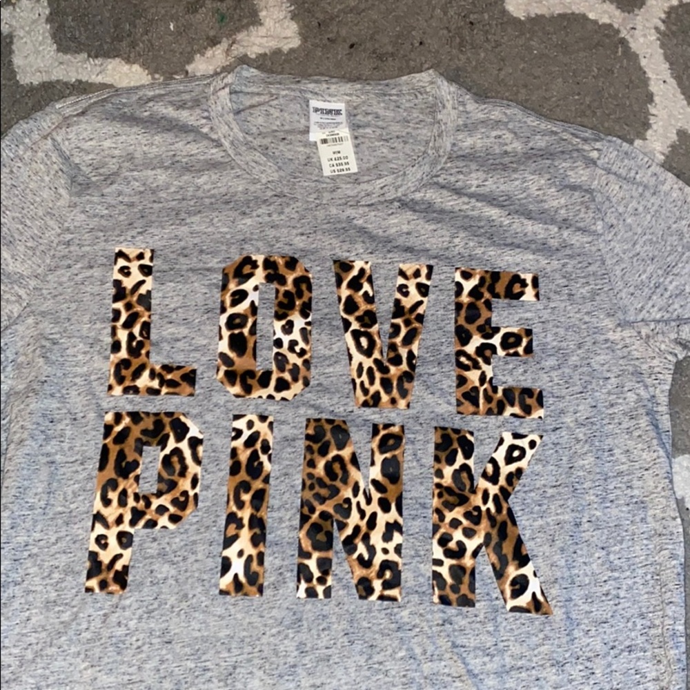 Pink  grey tee w/ cheetah print writing